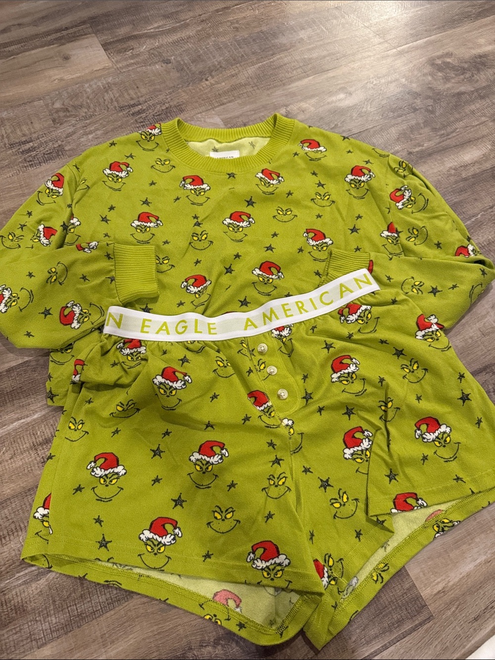 American Eagle Outfitters Lime Green Grinch Print Kids Pajama Set